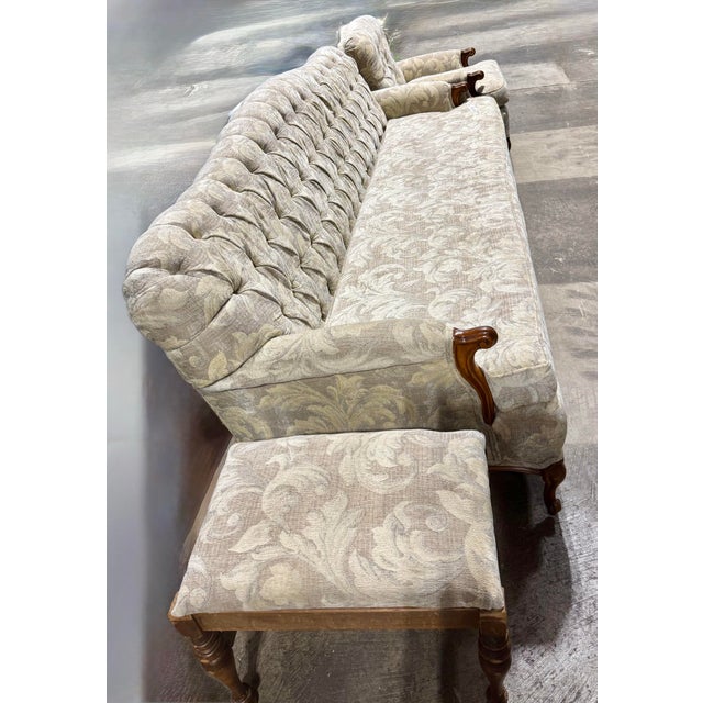 Mid-Century Modern French Provincial Style Tufted Sofa, Chair and Footstool For Sale - Image 3 of 8