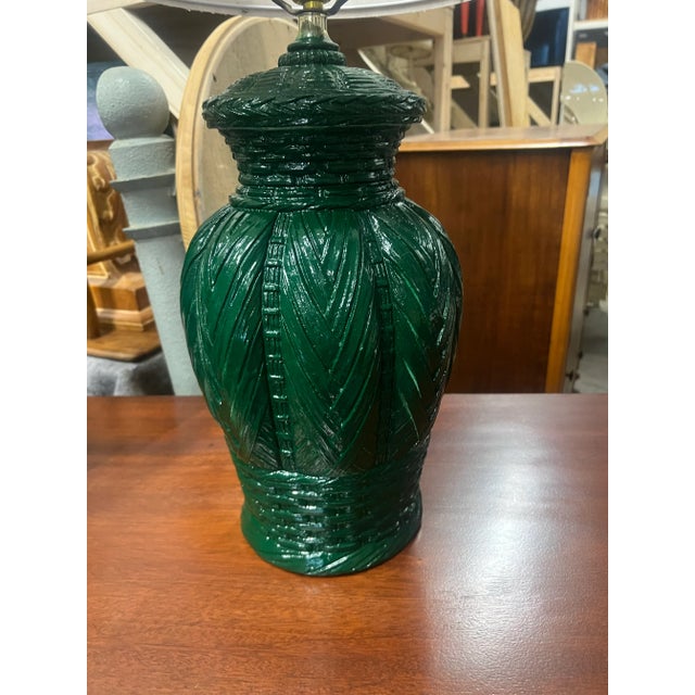 Vintage Green Basket Weave Ceramic Table Lamps - A Pair. For Sale - Image 4 of 10