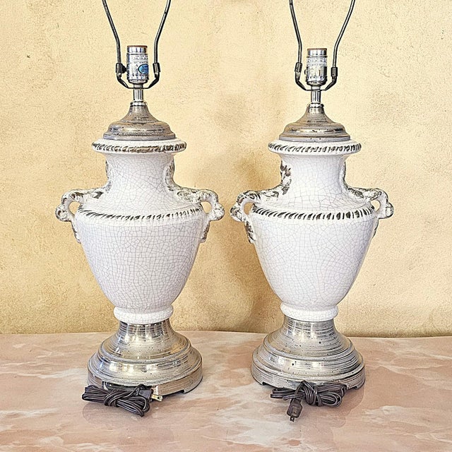 Vintage Pair of Neoclassical Trophy Urn Table Lamps in White Crackle Glaze – Made in Usa For Sale - Image 14 of 18