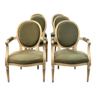 Antique French Sage Green Velvet Dining Chairs Set of Six For Sale