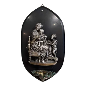 Vintage French Silvered Pewter Holy Water Stoup With Virgin Mary Jesus & John