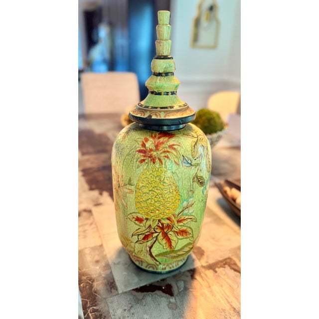 Celadon Large Hand-Painted Crackle Finish Lidded Decorative Ginger Jar With Pineapple Motif For Sale - Image 8 of 13