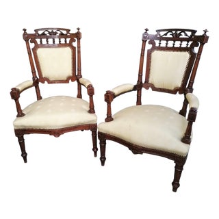 Empire Style Damask Armchairs, 1890s, Set of 2 For Sale