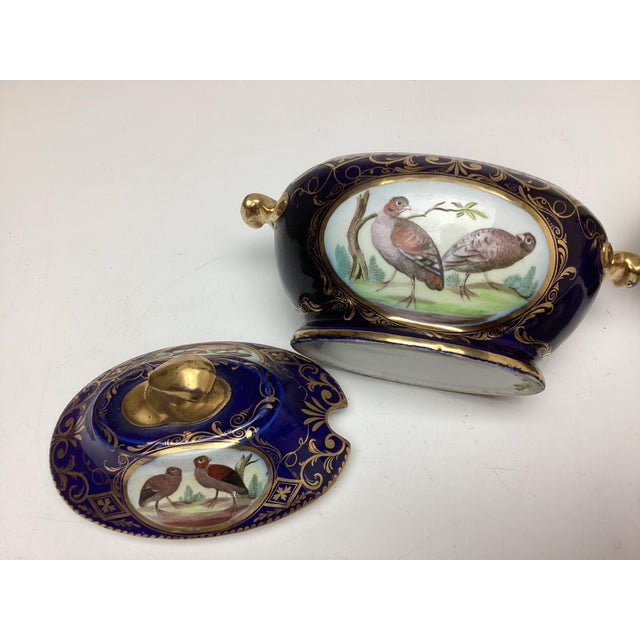 English Pair Antique Coalport Porcelain Cobalt With Birds Covered Sauce Tureens With Under Plates For Sale - Image 3 of 12