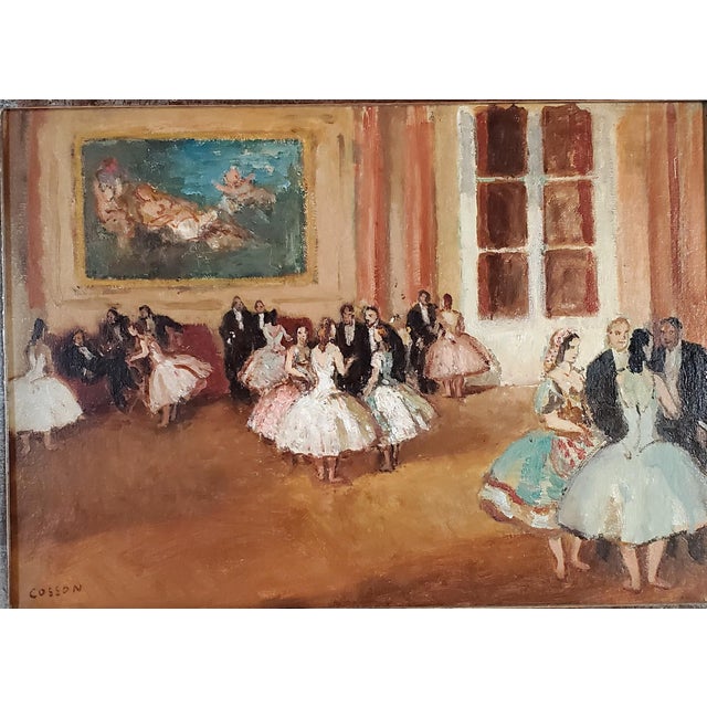 About the artwork: This post-impressionist painting depicts ballerinas meeting wealthy men after a performance in a...