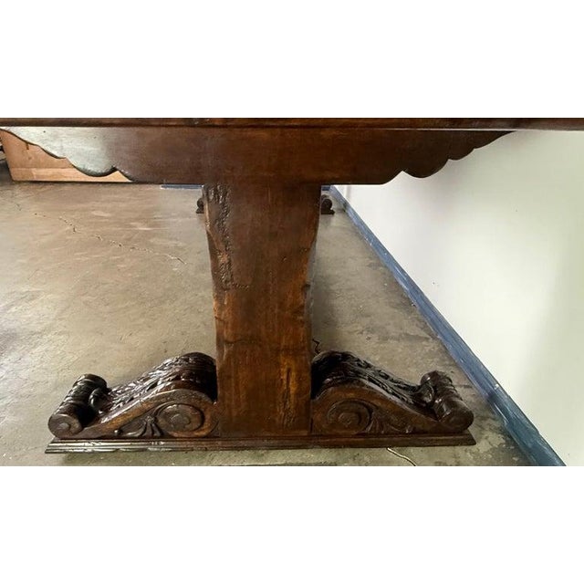 Wood Monumental Spanish Revival Carved Trestle Dining Table, Early 20th Century For Sale - Image 7 of 17