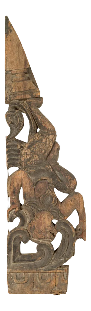 Mid 19th Century Indonesian Carved Wooden Falling Figure Triangular Fragment