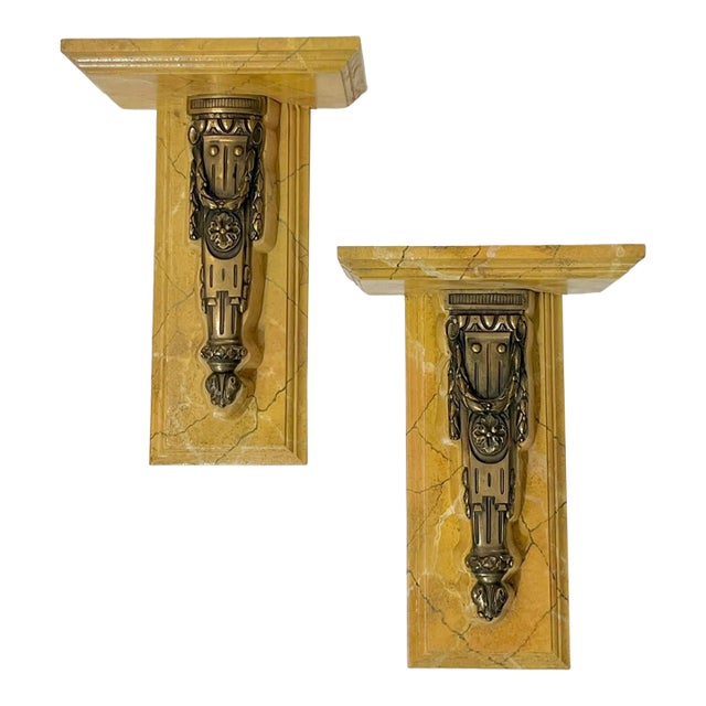 Pair Vintage French Neoclassical Style Bronze Hardware Faux Marble Wood Wall Brackets Shelves For Sale