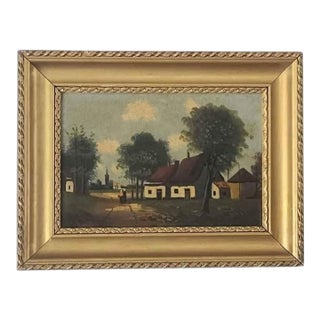 Antique European Village Landscape Oil on Wood Panel in Original Gilt Frame, C. 1900 For Sale