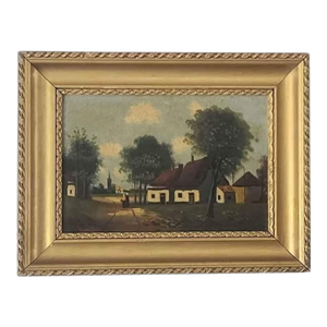 Antique European Village Landscape Oil on Wood Panel in Original Gilt Frame, C. 1900