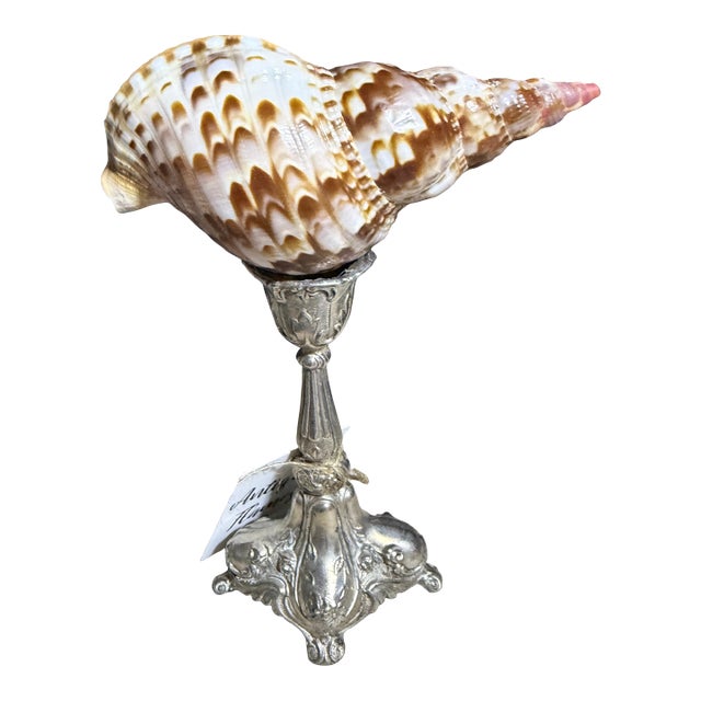 Celestial Meets the Sea Silver Plate Candlestick With Shell-Coastal Art Sculpture For Sale