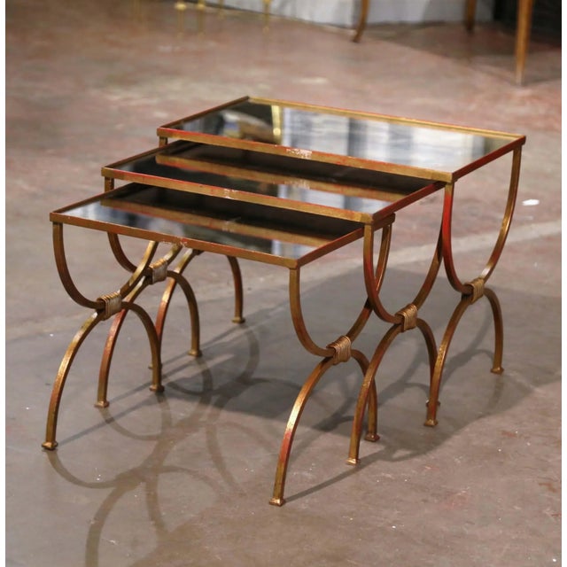 Gold Mid-Century French Iron and Mirrored Glass Curule Nesting Tables, Set of 3 For Sale - Image 8 of 10