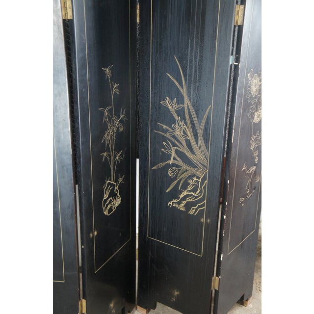 Vintage Chinese Black Lacquer 4 Panel Hand Painted Folding Screen Room Divider For Sale - Image 14 of 18