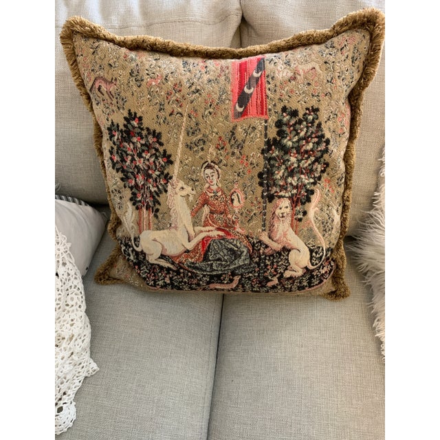 Textile Vintage Metrax Belgian Tapestry Throw Decorative Pillow Lady and the Unicorn Jacquard Woven For Sale - Image 7 of 11