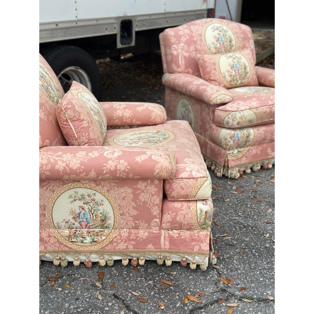 These are high-end vintage upholstered armchairs by the luxury fabric house Brunschwig & Fils. Brief description: • Pair...
