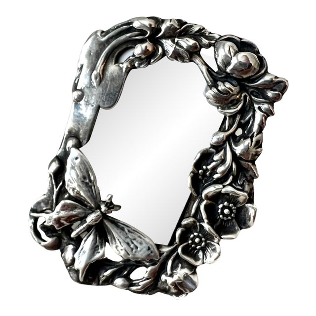 Sterling Silver Desk or Bedside Travel Picture Frame with Flowers and Butterfly For Sale