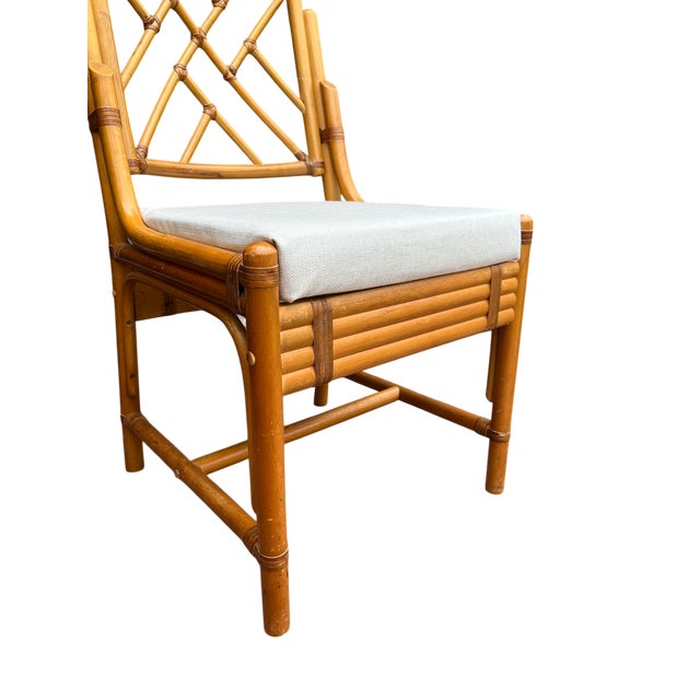 Vintage Set of 4 Chinese Chippendale Bamboo Dining Chairs With Lattice Backs For Sale - Image 13 of 16