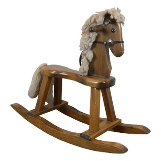 Vintage Childs Oak Wood Folk Art Rocking Horse Toy With Fiber Mane For Sale