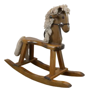 Vintage Childs Oak Wood Folk Art Rocking Horse Toy With Fiber Mane