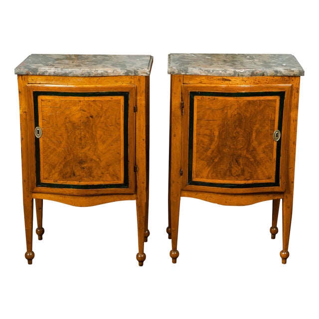 Pair of Italian 1840s Walnut Tables with Variegated Marble Top and Single Door For Sale