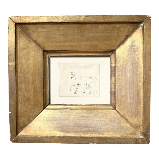 Antique Chinese Petite Equestrian Drawing, Framed in Gilt Wood For Sale