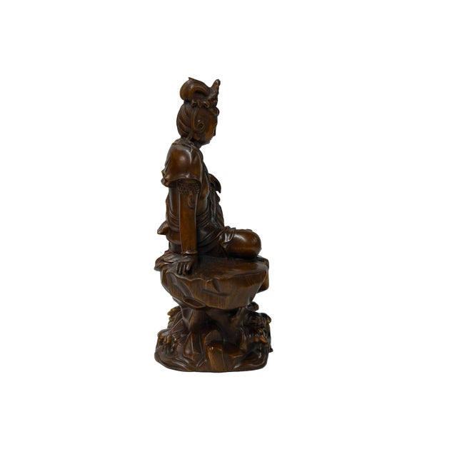 1990s 5.75" Hand-Carved Wood Cross Leg Bodhisattva Figurine Sculpture Tang Style Art For Sale - Image 5 of 6