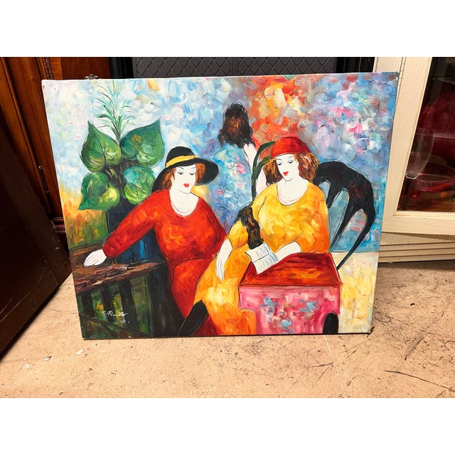 Vintage original oil on canvas painting featuring two elegantly posed women seated in an intimate interior setting....