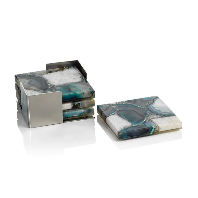 Contemporary Corfu Agate Coasters on Metal Tray, Green & White, 5 Pieces For Sale - Image 3 of 3