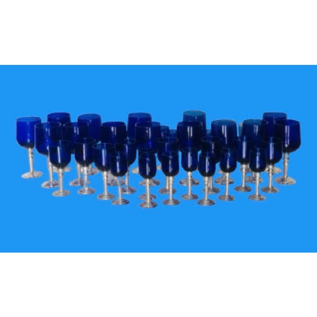 Hollywood Regency Los Castillo Style Hand-Blown Cobalt Blue Glassware With Pewter Stems Set- 37 Pieces For Sale - Image 4 of 10