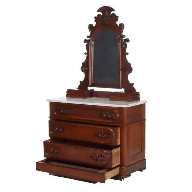 Antique Rococo Walnut 3-Drawer Marble Top Dresser & Mirror C1890 For Sale - Image 14 of 16