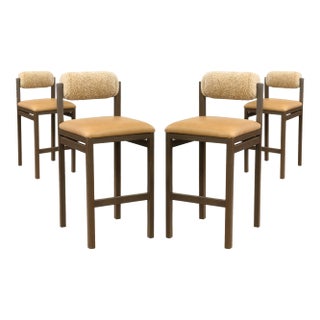 Set of 4 Thayer Barstools by Maiden Home Dark Oak Wood Leather & Shearling Seats For Sale