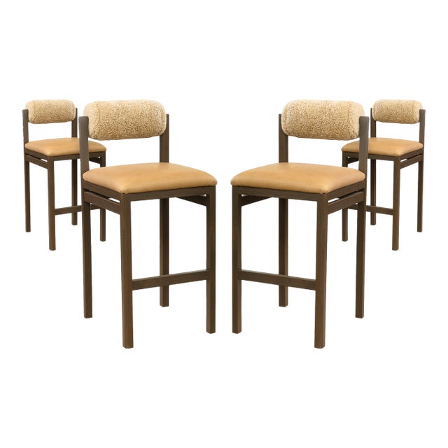 Set of 4 Thayer Barstools by Maiden Home Dark Oak Wood Leather & Shearling Seats For Sale