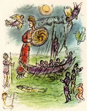 1989 Chagall Lithograph V1-3 Odyssee Athene Guides Telemachus Boat