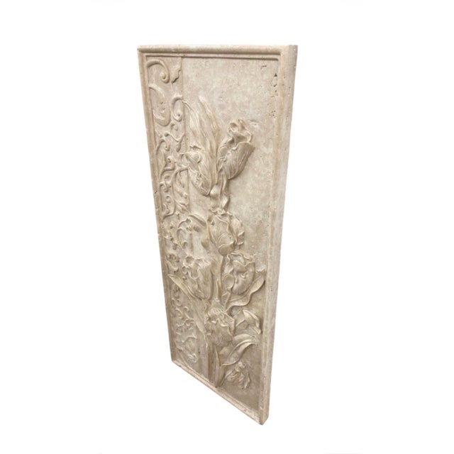 Mediterranean Vintage Classical Botanical Tulip & Acanthus Scroll Hand-Carved Marble Wall Relief Panel For Sale - Image 3 of 12