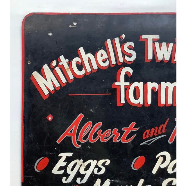Vintage two sided, hand lettered on metal farm stand sign for Mitchell's Twin Valley Farm found in upstate New York. Black...