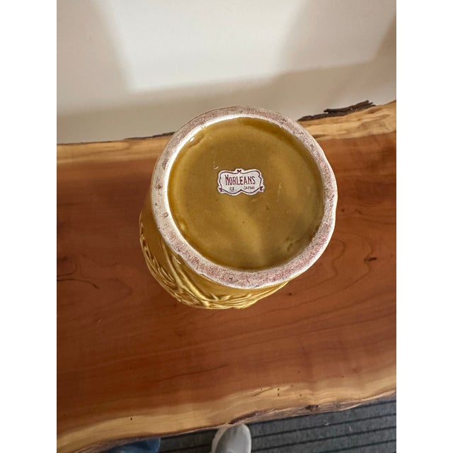 Vintage Mustard Yellow Embossed Floral Ceramic Vase – Mid-Century Relief Design For Sale - Image 4 of 4