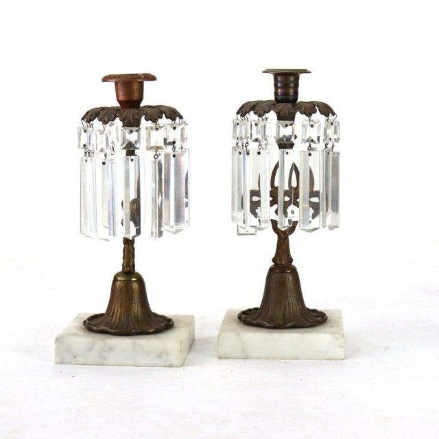 Pair of Antique Bronze, Marble & Crystal Single Candle Candelabras C1890 For Sale - Image 4 of 8