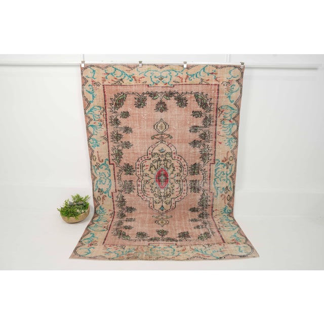 Pink 1970s Vintage Turkish Handmade Wool Cotton Pink Area Rug For Sale - Image 8 of 12
