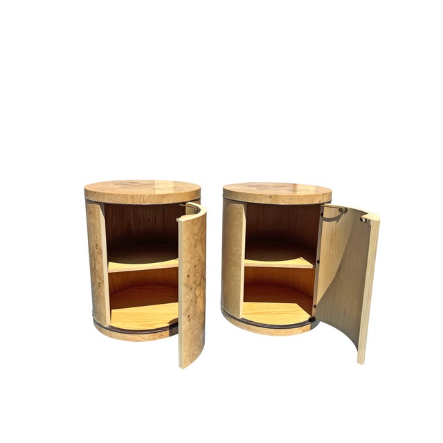 Wood Vintage Henredon Burl Drum Nightstands or Side End Tables in Scene Two 2 Design, Attributed For Sale - Image 7 of 8