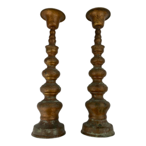 Antique French Brass Altar Candlestick Holders, Set of 2