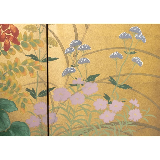 "Seven Autumn Flowers" by Essen, Late Showa Era Japanese Byobu Screen For Sale - Image 9 of 18