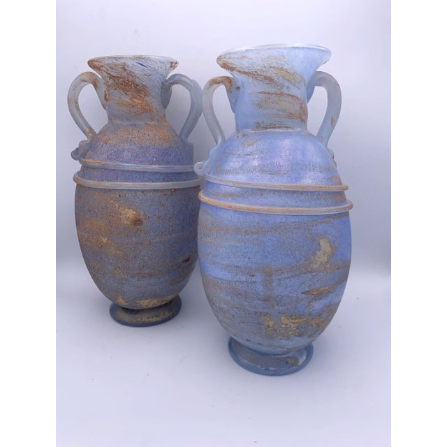 Glass Pair of Mid-Century Murano Blue Scavo Glass Amphora Vases. For Sale - Image 7 of 13