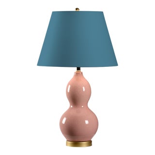 Casa Cosima Double Gourd Table Lamp, Light Pink Craquelure Base with Old Blue Jeans Lamp Shade For Sale