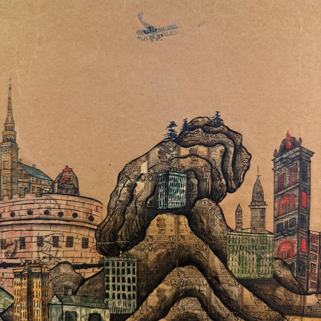 Chinese '1920's Chinese Port With Biplane Overhead', Early 20th Century Chinese School, Philately, Postage Stamp Collage For Sale - Image 3 of 16