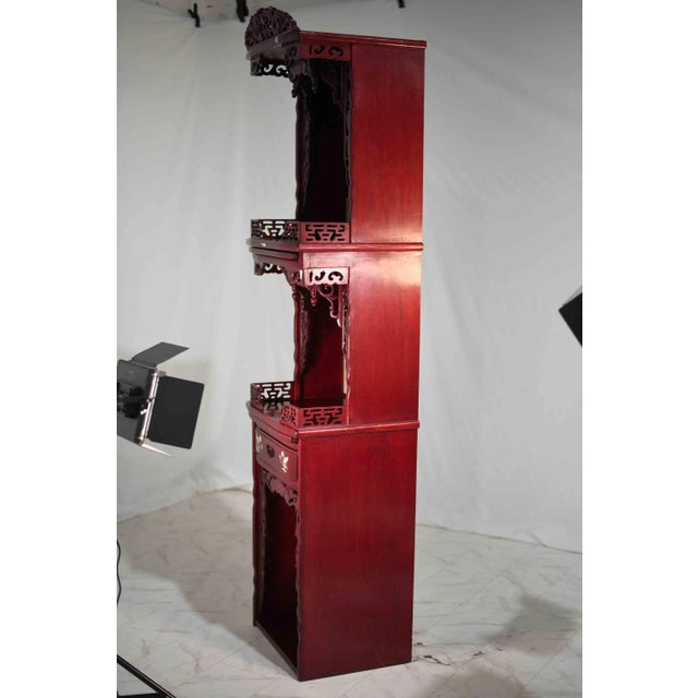 Ruby Red Vintage Chinoiserie Carved Elmwood Lighted Display Curio For Sale - Image 8 of 13