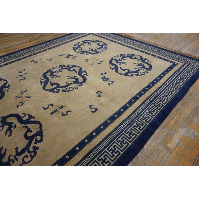 Beige 1920s Antique Chinese Medallion Dragon Ivory Room Size Wool Peking Knotted Rug For Sale - Image 8 of 11