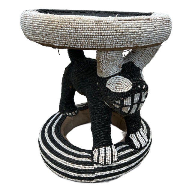1970s Black and White Hand Beaded African Style Stool For Sale