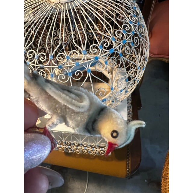 French Vintage Indo-French White Metal Bird Cage With Hand Made Bird Figurines For Sale - Image 3 of 11