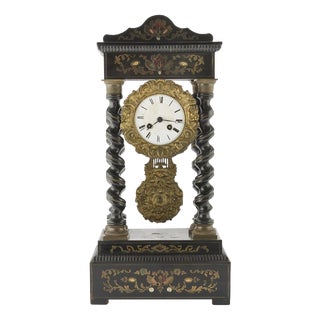 Ebonized Wood Clock with Brass Inlays, 19th Century For Sale