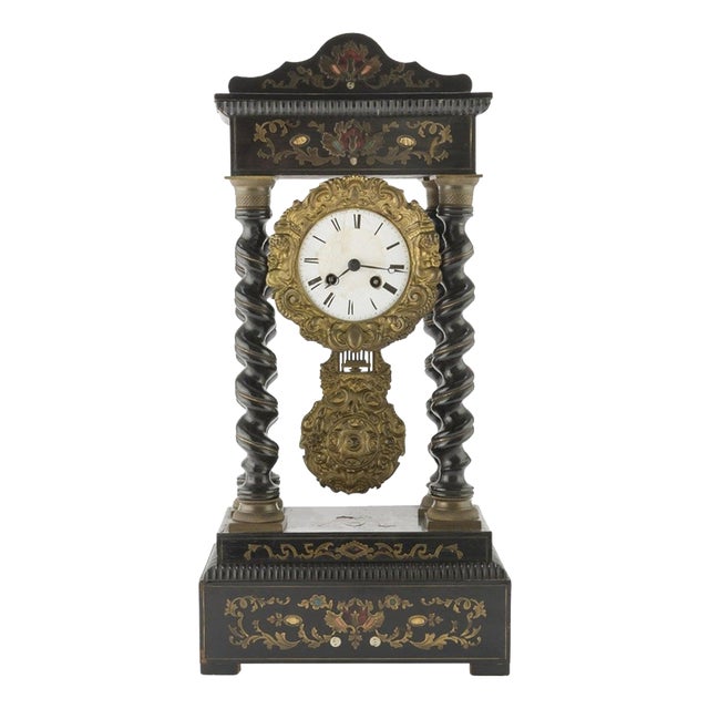 Ebonized Wood Clock with Brass Inlays, 19th Century For Sale
